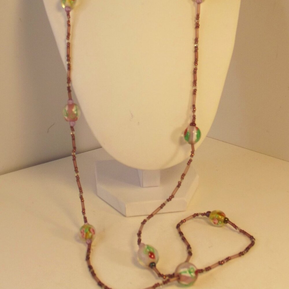 Long Strand Necklace Seed Beads & Hand Blown Glass Beads with Roses Inside!